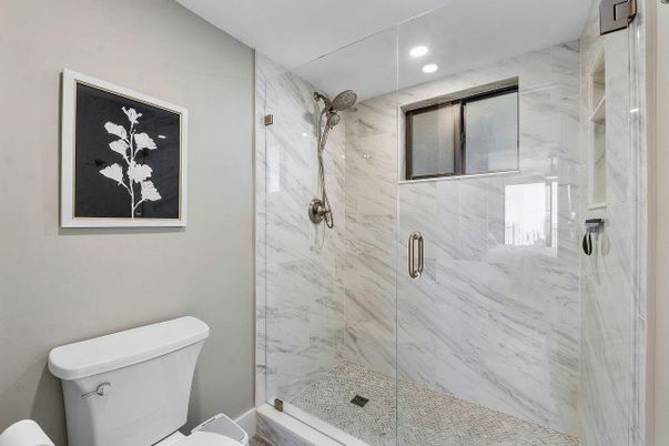 Bathroom, Glass Shower, Interior, Marble Walls, Recessed Lighting