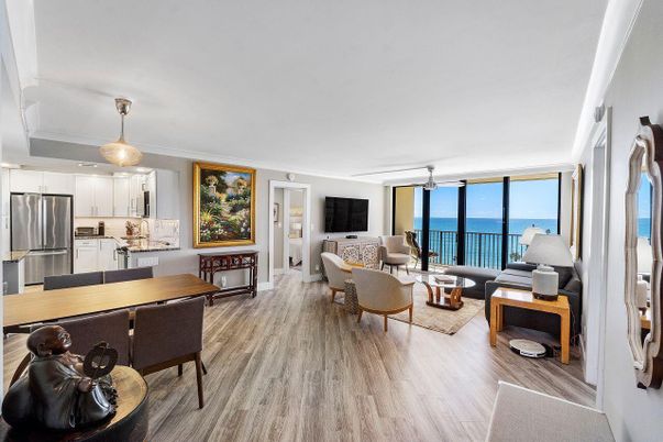 Dining room, Interior, Kitchen, Living room, Pendant Lights, Stainless Steel Appliances, Water, Wood Texture Flooring