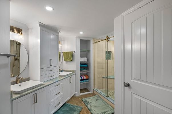 Bathroom, Dual Sink Vanities, Glass Shower, Interior, Recessed Lighting