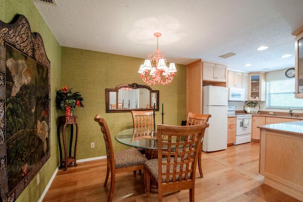 Chandelier, Dining room, Interior, Kitchen, Recessed Lighting, Wood Texture Flooring