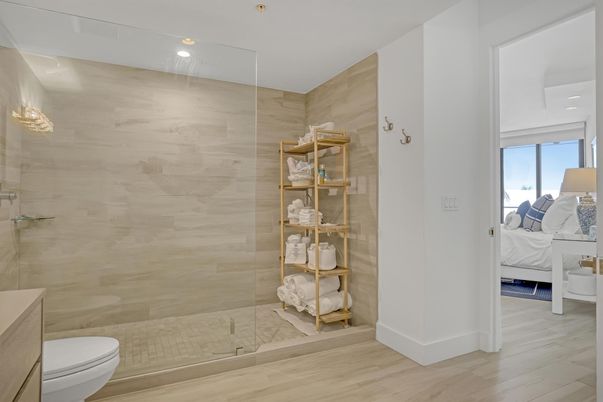 Bathroom, Bedroom, Glass Shower, Interior, Recessed Lighting, Wood Texture Flooring