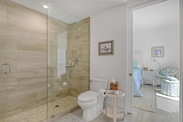 Bathroom, Glass Shower, Interior, Recessed Lighting, Wood Texture Flooring