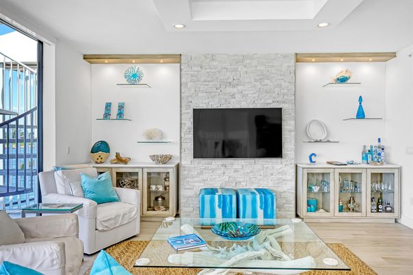 Fireplace, Interior, Living room, Recessed Lighting, Stone Walls, Wood Texture Flooring