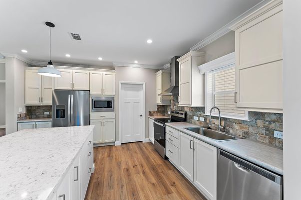 Interior, Kitchen, Pendant Lights, Recessed Lighting, Stainless Steel Appliances, Wood Texture Flooring