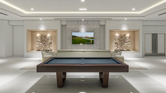 Billiard Table, Game Room, Interior, Marble Walls, Recessed Lighting
