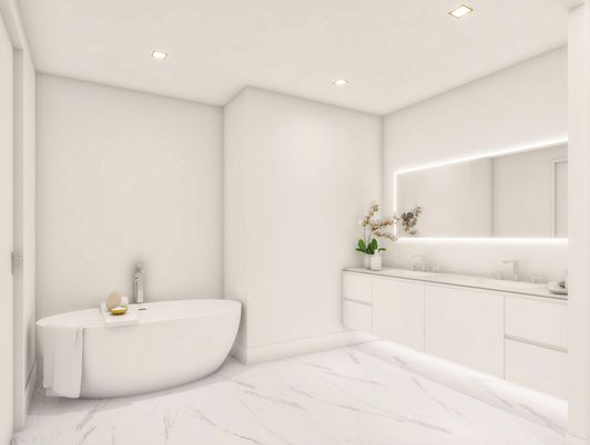 Bathroom, Dual Sink Vanities, Free Standing Baths, Interior, Marble, Recessed Lighting