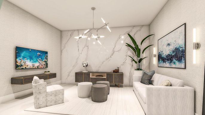 Interior, Living room, Marble Walls, Pendant Lights
