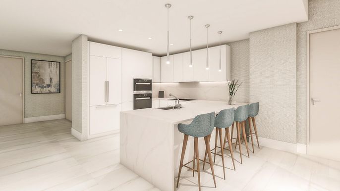 Interior, Kitchen, Marble, Pendant Lights, Recessed Lighting, Stainless Steel Appliances