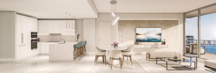 Interior, Kitchen, Living room, Marble, Pendant Lights, Recessed Lighting, Stainless Steel Appliances, Water