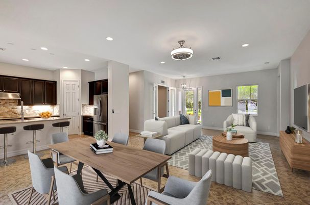 Dining room, Interior, Kitchen, Living room, Pendant Lights, Recessed Lighting, Stainless Steel Appliances, Wood Texture Flooring