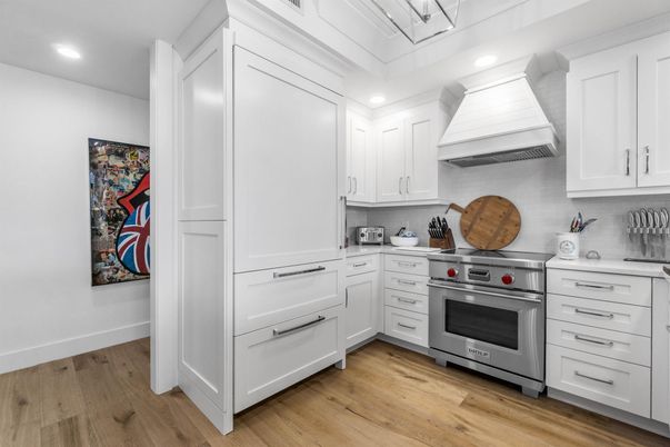 Interior, Kitchen, Recessed Lighting, Stainless Steel Appliances, Wood Texture Flooring