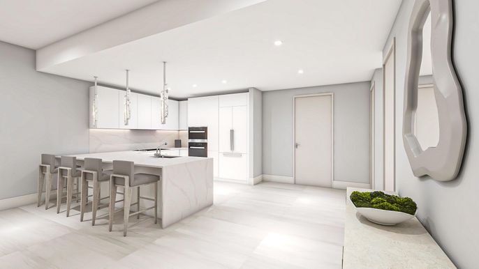 Interior, Kitchen, Marble Walls, Pendant Lights, Recessed Lighting, Stainless Steel Appliances