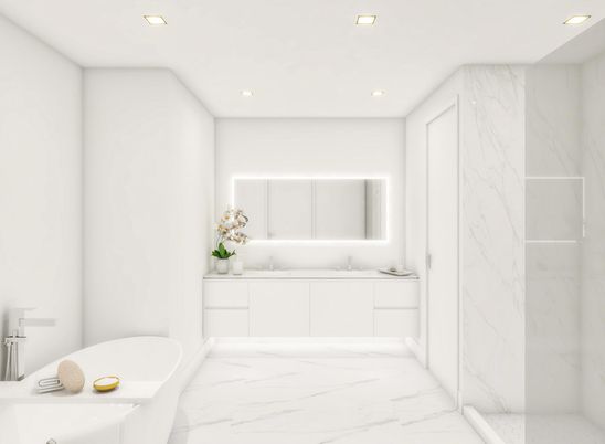 Bathroom, Dual Sink Vanities, Glass Shower, Interior, Marble, Marble Walls, Recessed Lighting