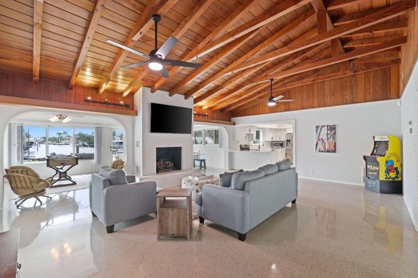 Fireplace, Interior, Kitchen, Living room, Stainless Steel Appliances, Stone Walls, Wooden Beams, Wooden Ceilings