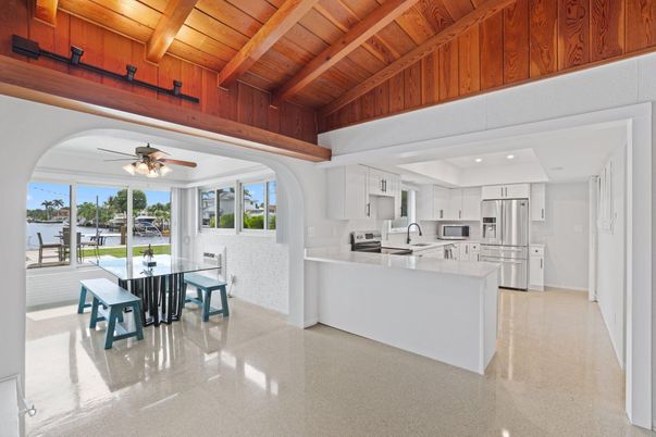 Interior, Kitchen, Recessed Lighting, Stainless Steel Appliances, Water, Wooden Beams, Wooden Ceilings