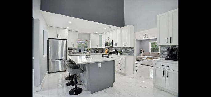 Interior, Kitchen, Marble, Recessed Lighting, Stainless Steel Appliances