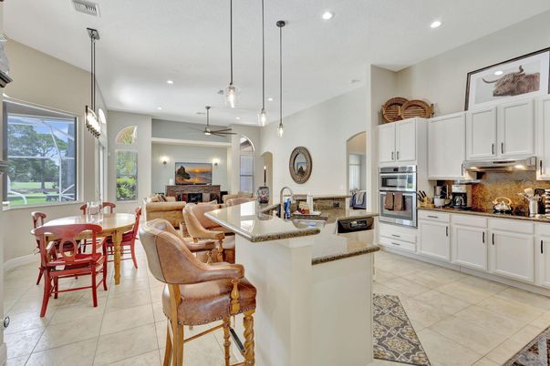 Dining room, Fireplace, Interior, Kitchen, Living room, Pendant Lights, Recessed Lighting, Stainless Steel Appliances