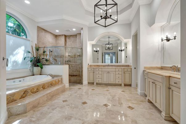Bathroom, Dual Sink Vanities, Glass Shower, Interior, Pendant Lights, Recessed Lighting