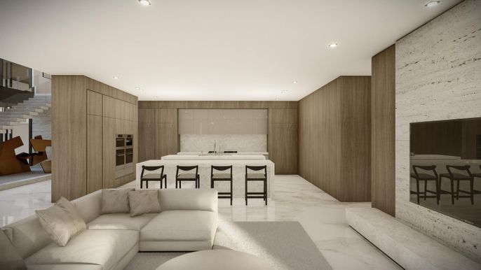 Interior, Kitchen, Living room, Marble, Recessed Lighting, Stone Walls