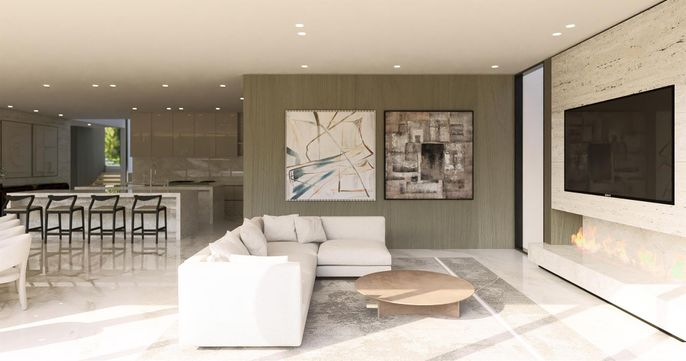 Fireplace, Interior, Kitchen, Living room, Recessed Lighting