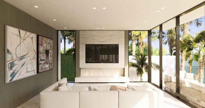 Fireplace, Interior, Living room, Recessed Lighting, Water