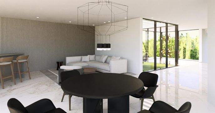 Dining room, Interior, Living room, Marble, Pendant Lights, Recessed Lighting