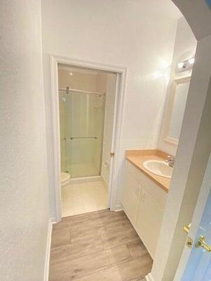 Bathroom, Glass Shower, Interior, Wood Texture Flooring