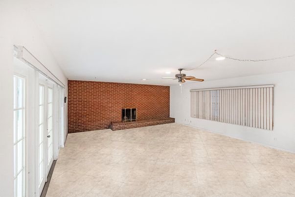 Empty room, Fireplace, Interior, Recessed Lighting, Stone Walls