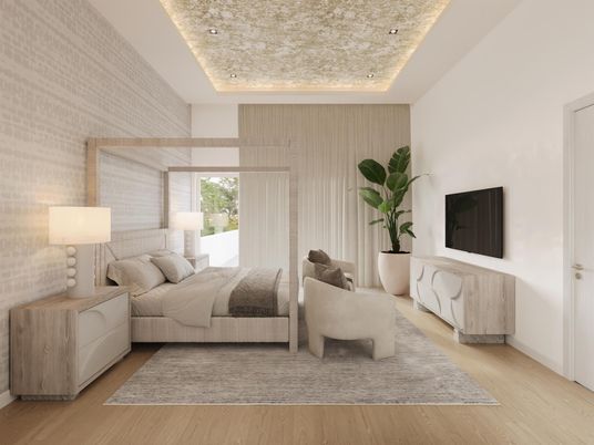 Bedroom, Interior, Recessed Lighting, Wood Texture Flooring
