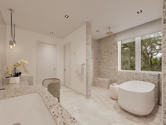 Bathroom, Free Standing Baths, Interior, Marble, Pendant Lights, Recessed Lighting