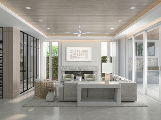 Fireplace, Interior, Living room, Recessed Lighting, Wooden Ceilings