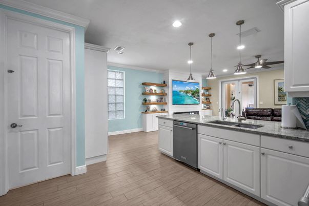 Interior, Kitchen, Pendant Lights, Recessed Lighting, Wood Texture Flooring