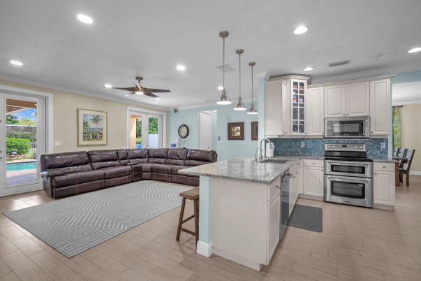 Interior, Kitchen, Living room, Pendant Lights, Recessed Lighting, Stainless Steel Appliances, Wood Texture Flooring