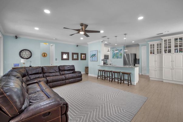 Interior, Kitchen, Living room, Pendant Lights, Recessed Lighting, Wood Texture Flooring