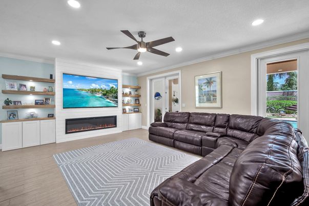 Fireplace, Interior, Living room, Recessed Lighting, Wood Texture Flooring