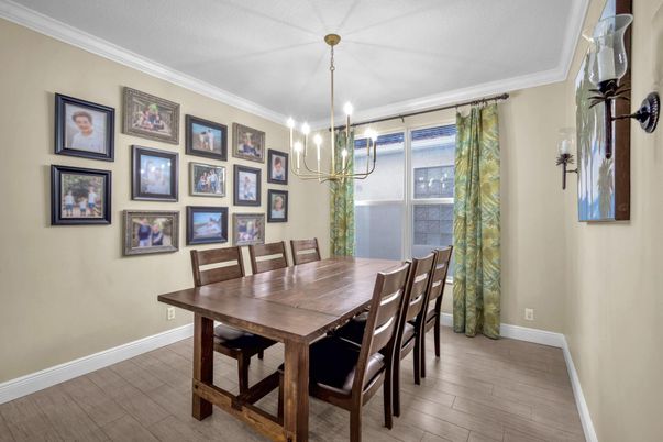 Dining room, Interior, Pendant Lights, Wood Texture Flooring