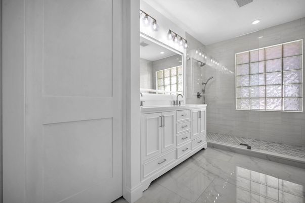 Bathroom, Dual Sink Vanities, Glass Shower, Interior, Marble, Recessed Lighting