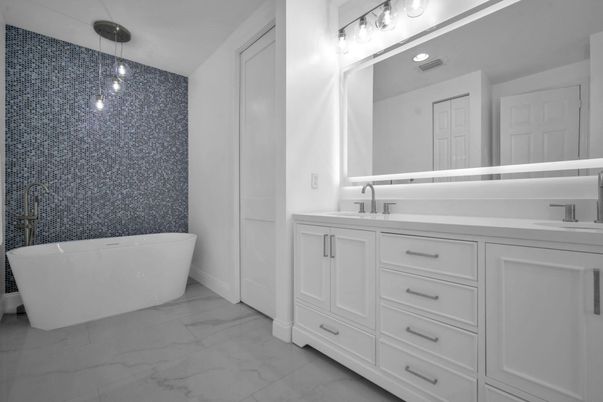 Bathroom, Dual Sink Vanities, Free Standing Baths, Interior, Marble, Pendant Lights