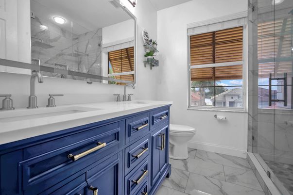 Bathroom, Dual Sink Vanities, Glass Shower, Interior, Marble, Marble Walls