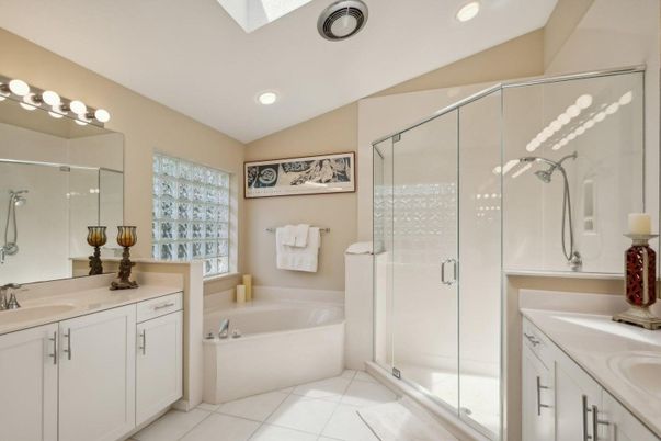 Bathroom, Dual Sink Vanities, Glass Shower, Interior, Recessed Lighting