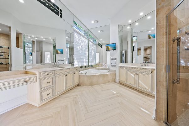 Bathroom, Dual Sink Vanities, Glass Shower, Interior, Recessed Lighting, Wood Texture Flooring