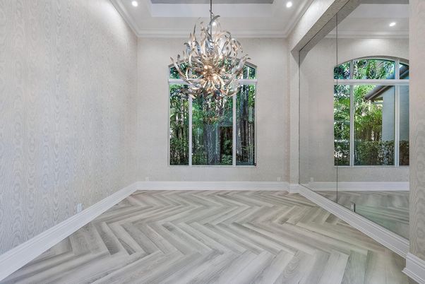Chandelier, Empty room, Interior, Recessed Lighting, Wood Texture Flooring