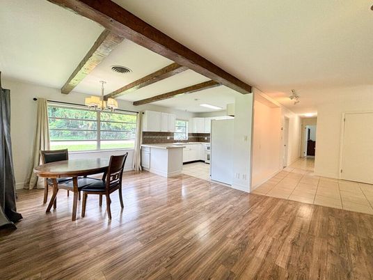 Chandelier, Dining room, Interior, Kitchen, Pendant Lights, Wooden Beams, Wood Texture Flooring