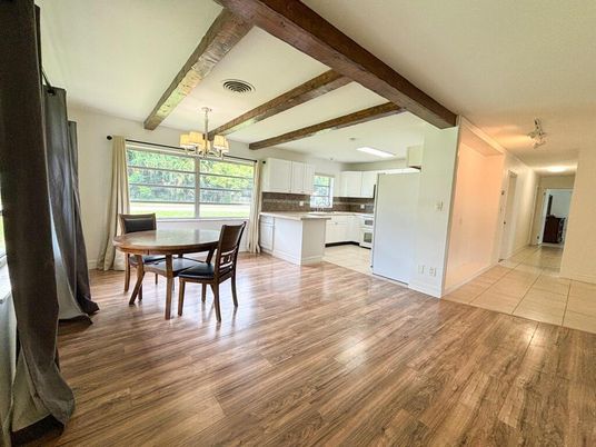 Chandelier, Dining room, Interior, Kitchen, Pendant Lights, Wooden Beams, Wood Texture Flooring