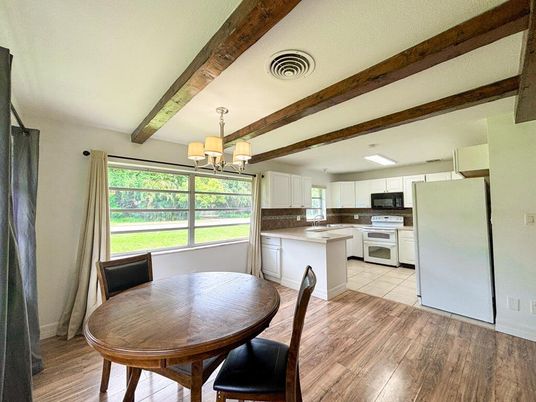 Chandelier, Dining room, Interior, Kitchen, Wooden Beams, Wood Texture Flooring