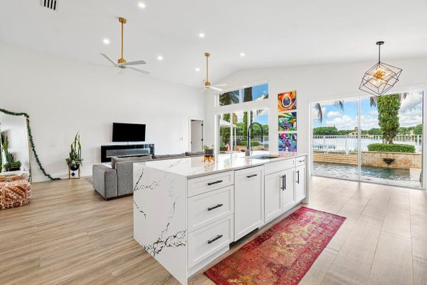 Interior, Kitchen, Pendant Lights, Recessed Lighting, Wood Texture Flooring