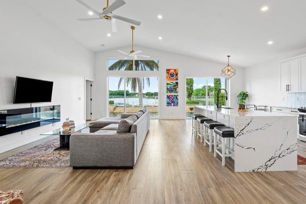 Interior, Kitchen, Living room, Pendant Lights, Recessed Lighting, Wood Texture Flooring