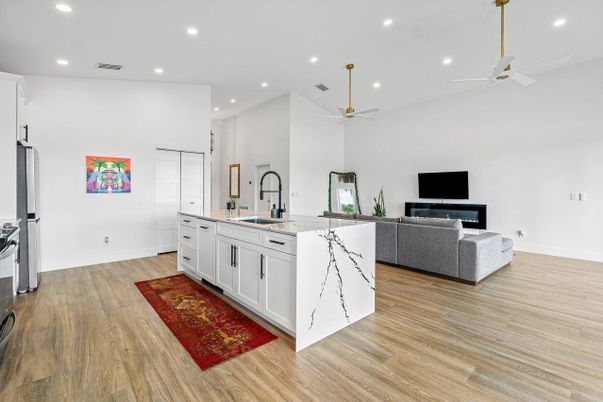 Interior, Kitchen, Recessed Lighting, Wood Texture Flooring
