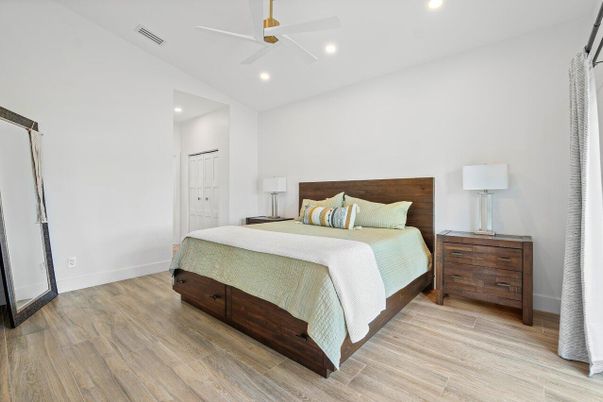 Bedroom, Interior, Recessed Lighting, Wood Texture Flooring