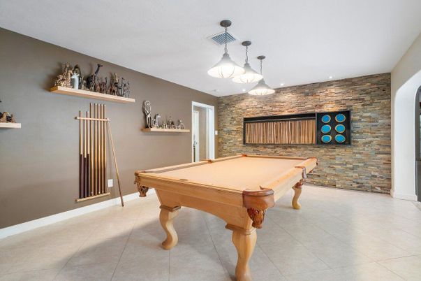 Billiard Table, Game Room, Interior, Pendant Lights, Stone Walls